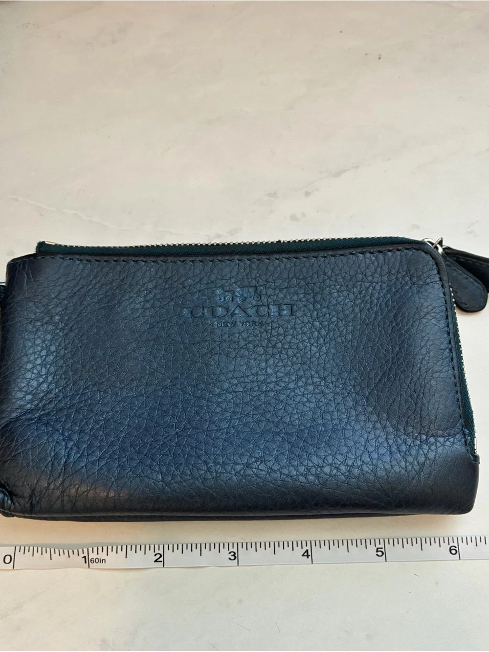 Coach Navy Pebbled Leather Zip Double corner zip wristlet